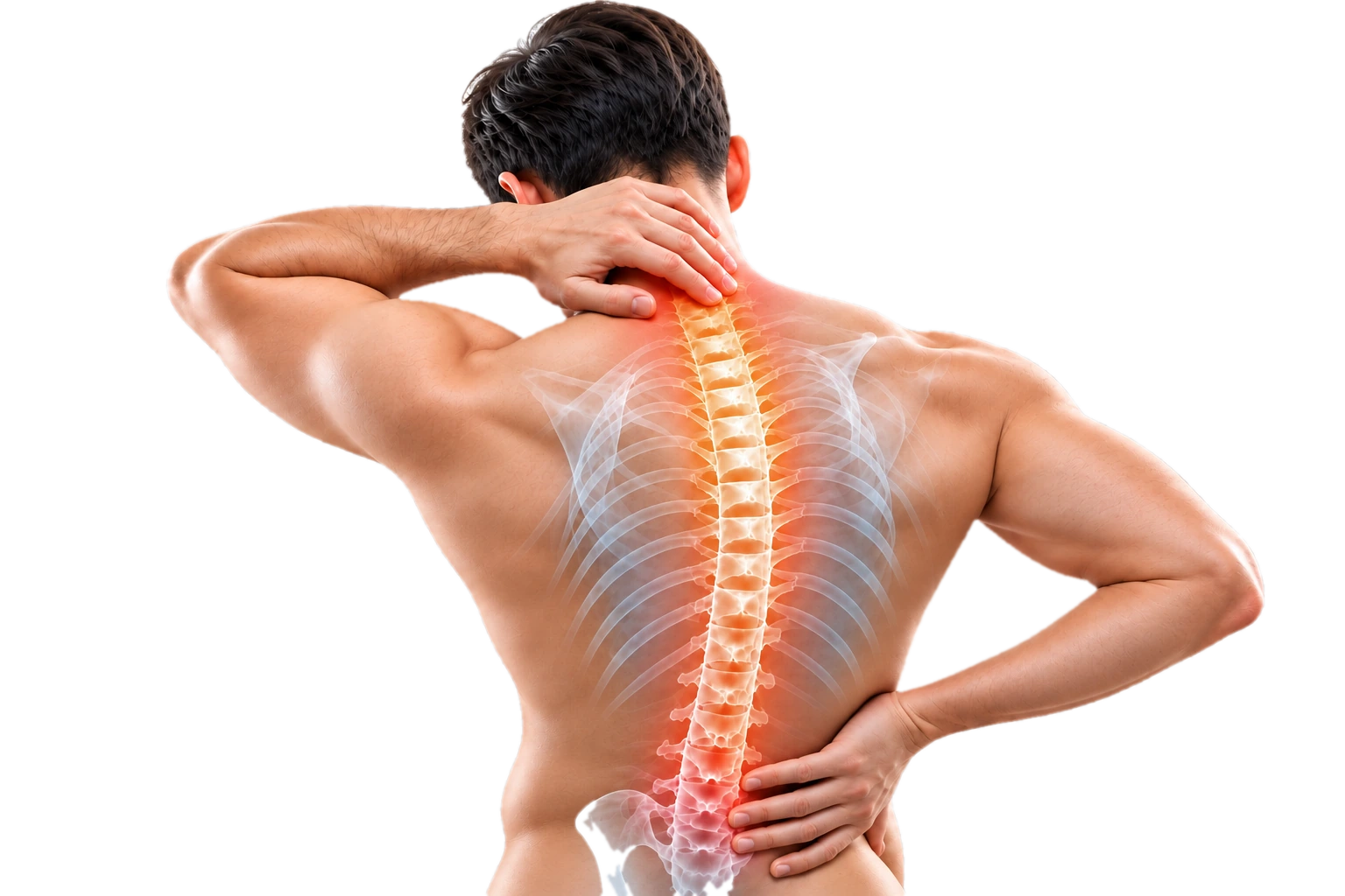 Man holding his neck and lower back with the spine highlighted in red